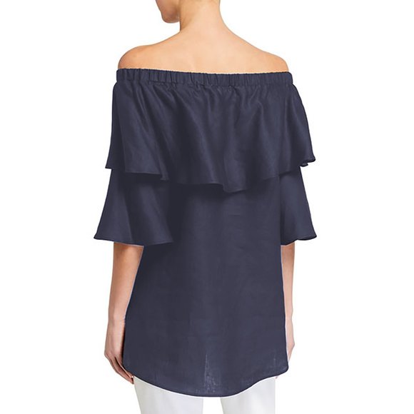 Neiman Marcus Ruffle Off-Shoulder Linen Top - Picture 2 of 6